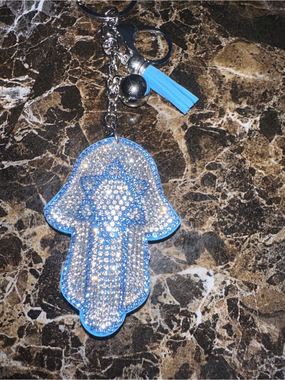 Crystal Hamsa Keychain with Light Blue Trim